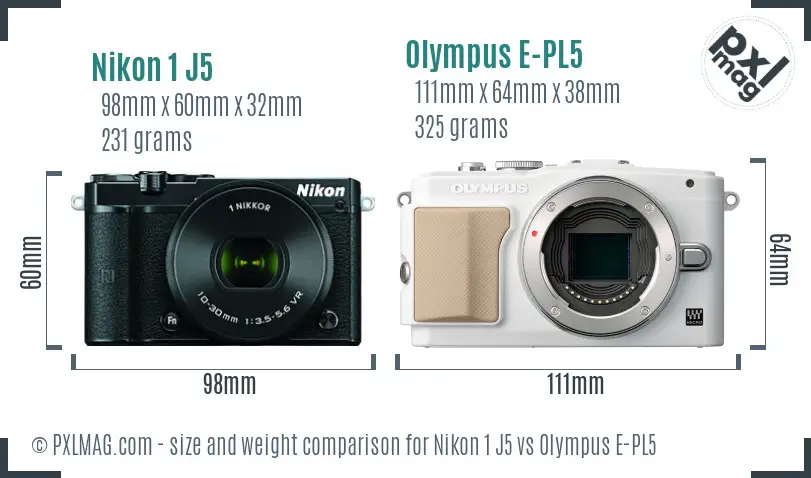 Nikon 1 J5 vs Olympus E-PL5 size comparison