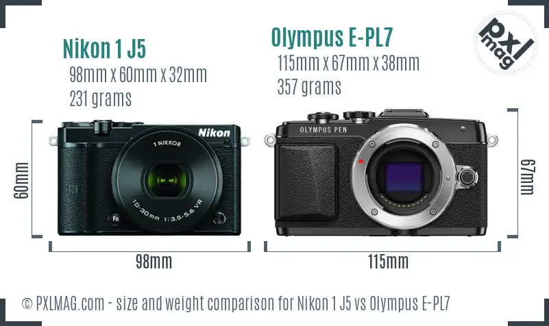 Nikon 1 J5 vs Olympus E-PL7 size comparison