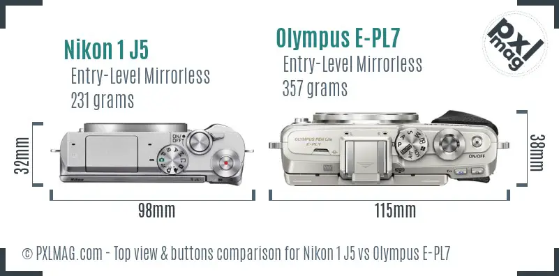 Nikon 1 J5 vs Olympus E-PL7 top view buttons comparison
