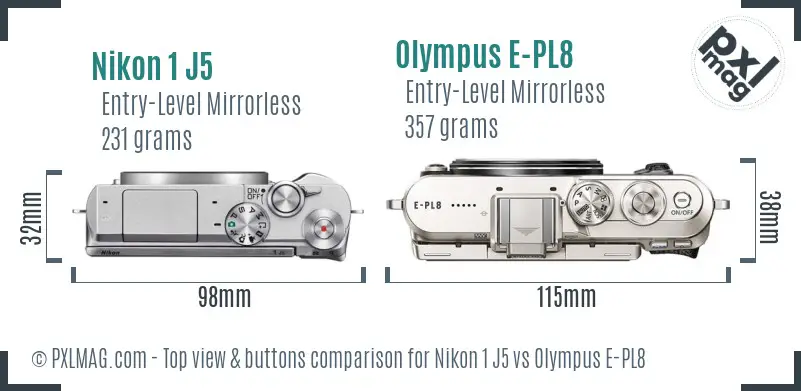 Nikon 1 J5 vs Olympus E-PL8 top view buttons comparison Nikon 1 J5 vs Olympus E-PL8 top view buttons comparison