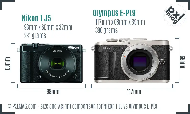 Nikon 1 J5 vs Olympus E-PL9 size comparison