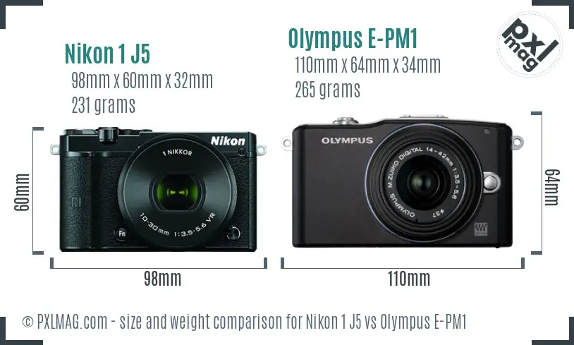 Nikon 1 J5 vs Olympus E-PM1 size comparison