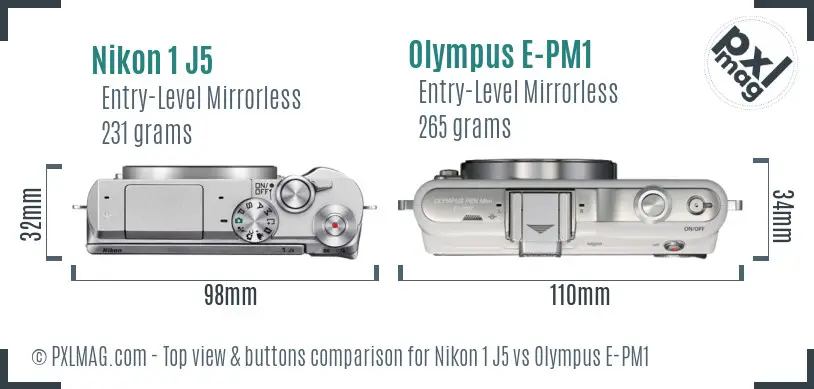 Nikon 1 J5 vs Olympus E-PM1 top view buttons comparison