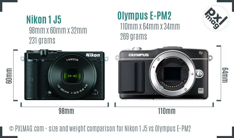 Nikon 1 J5 vs Olympus E-PM2 size comparison