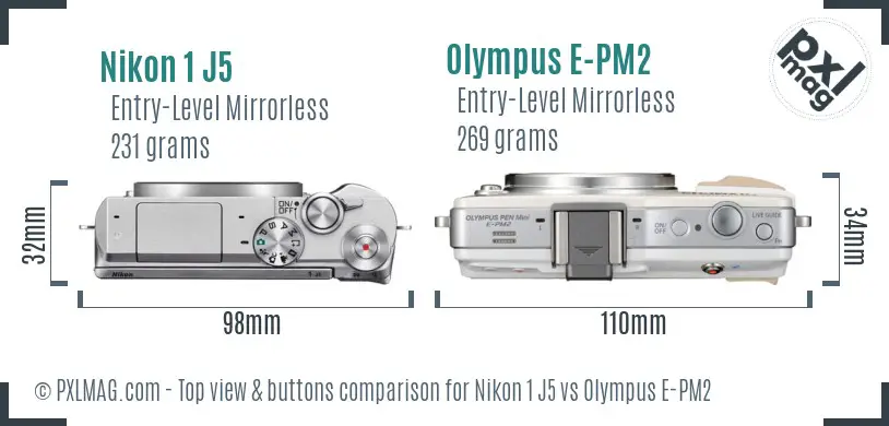 Nikon 1 J5 vs Olympus E-PM2 top view buttons comparison