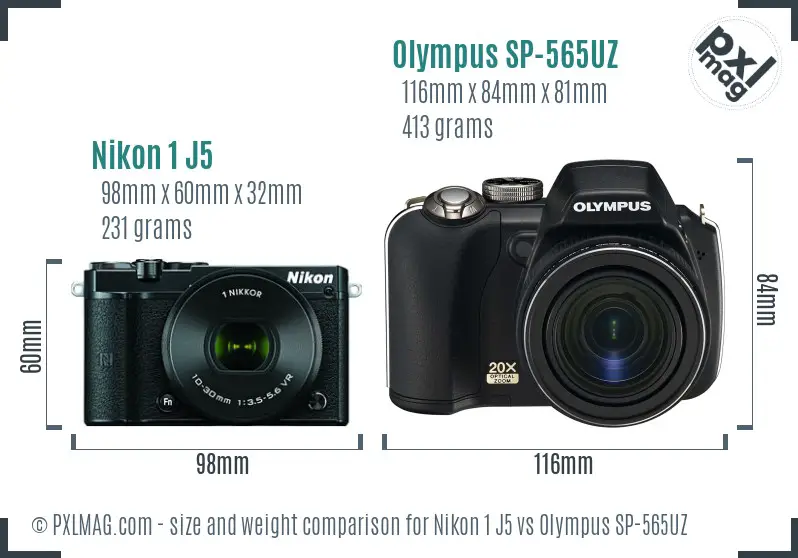 Nikon 1 J5 vs Olympus SP-565UZ size comparison