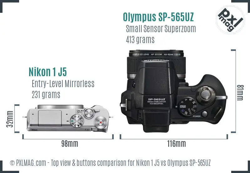 Nikon 1 J5 vs Olympus SP-565UZ top view buttons comparison