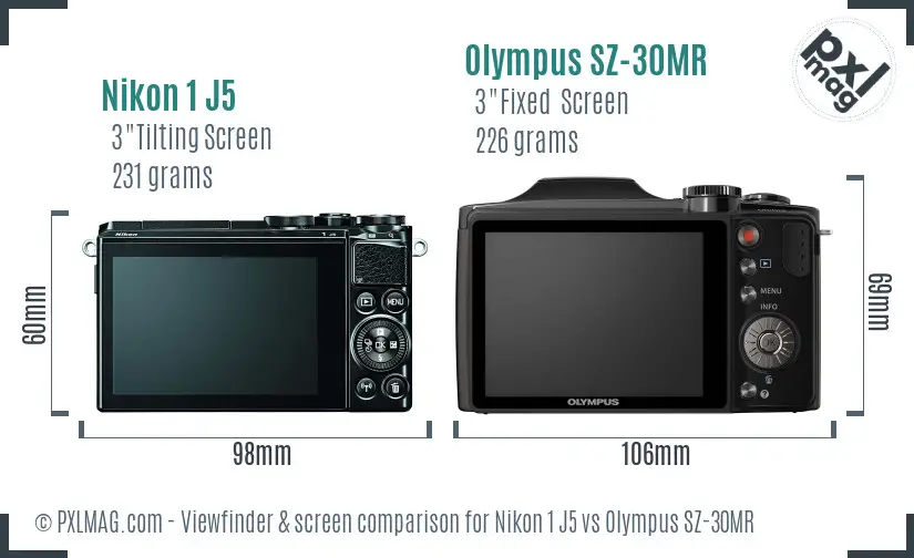 Nikon 1 J5 vs Olympus SZ-30MR Screen and Viewfinder comparison