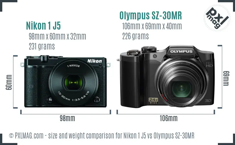 Nikon 1 J5 vs Olympus SZ-30MR size comparison