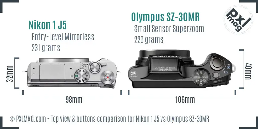 Nikon 1 J5 vs Olympus SZ-30MR top view buttons comparison
