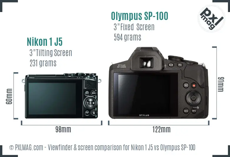 Nikon 1 J5 vs Olympus SP-100 Screen and Viewfinder comparison