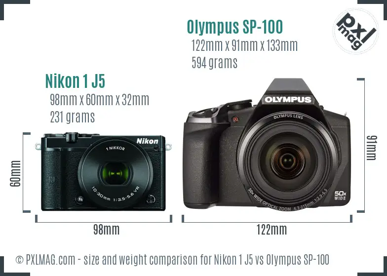 Nikon 1 J5 vs Olympus SP-100 size comparison