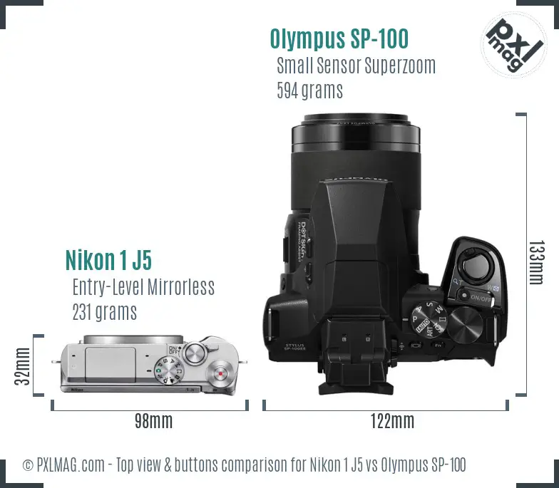 Nikon 1 J5 vs Olympus SP-100 top view buttons comparison
