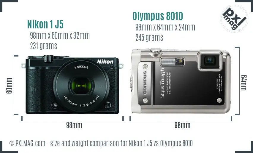 Nikon 1 J5 vs Olympus 8010 size comparison