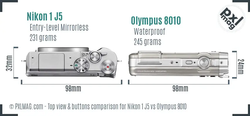 Nikon 1 J5 vs Olympus 8010 top view buttons comparison