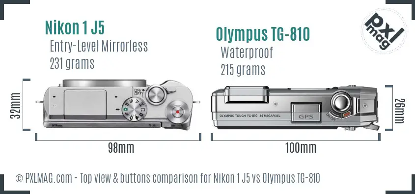 Nikon 1 J5 vs Olympus TG-810 top view buttons comparison