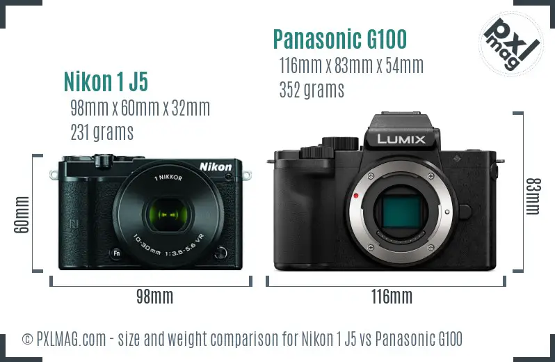 Nikon 1 J5 vs Panasonic G100 size comparison
