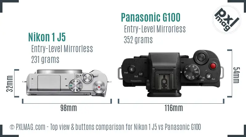 Nikon 1 J5 vs Panasonic G100 top view buttons comparison
