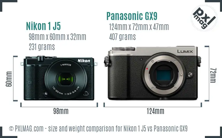 Nikon 1 J5 vs Panasonic GX9 size comparison