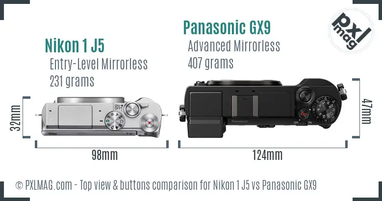 Nikon 1 J5 vs Panasonic GX9 top view buttons comparison