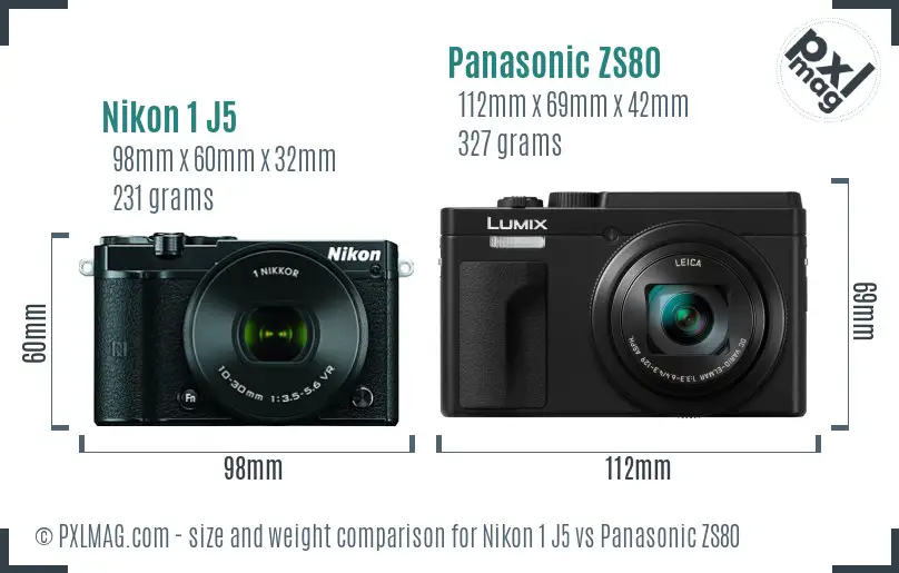 Nikon 1 J5 vs Panasonic ZS80 size comparison