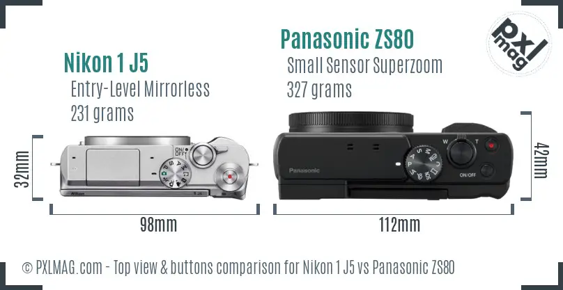Nikon 1 J5 vs Panasonic ZS80 top view buttons comparison
