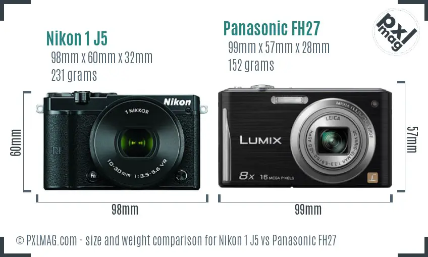 Nikon 1 J5 vs Panasonic FH27 size comparison