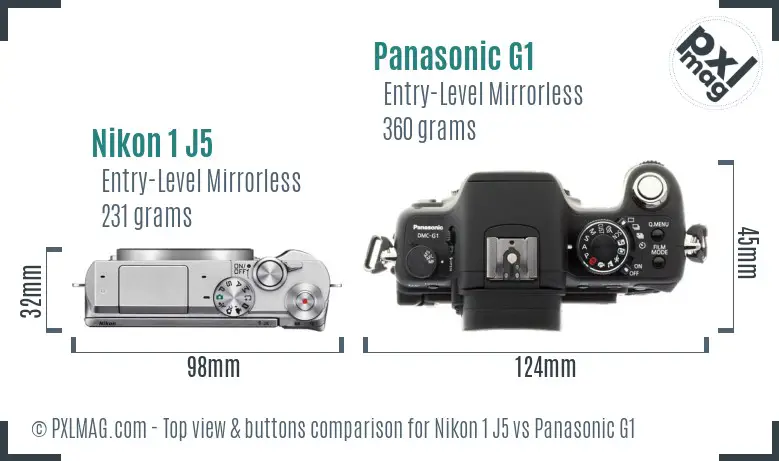 Nikon 1 J5 vs Panasonic G1 top view buttons comparison