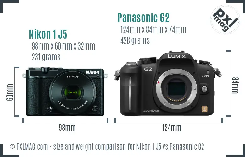 Nikon 1 J5 vs Panasonic G2 size comparison