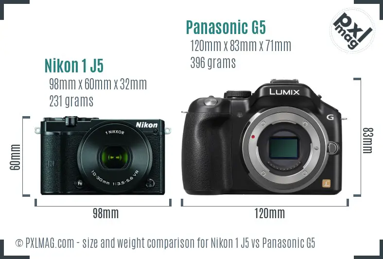 Nikon 1 J5 vs Panasonic G5 size comparison
