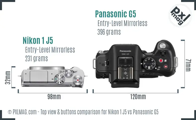 Nikon 1 J5 vs Panasonic G5 top view buttons comparison