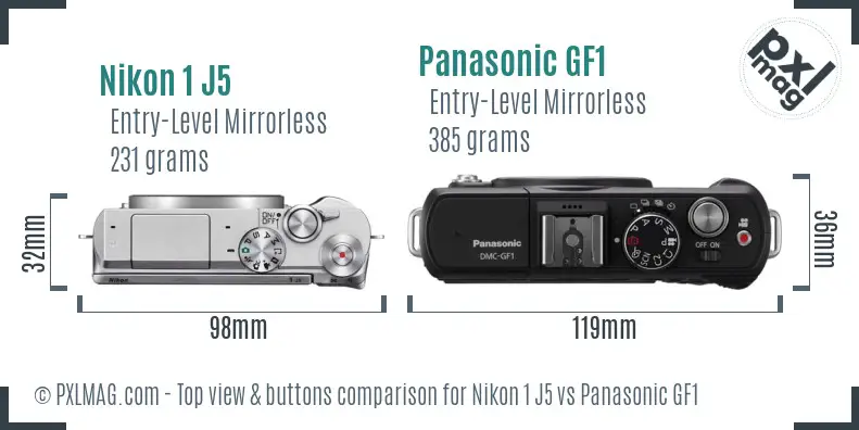 Nikon 1 J5 vs Panasonic GF1 top view buttons comparison