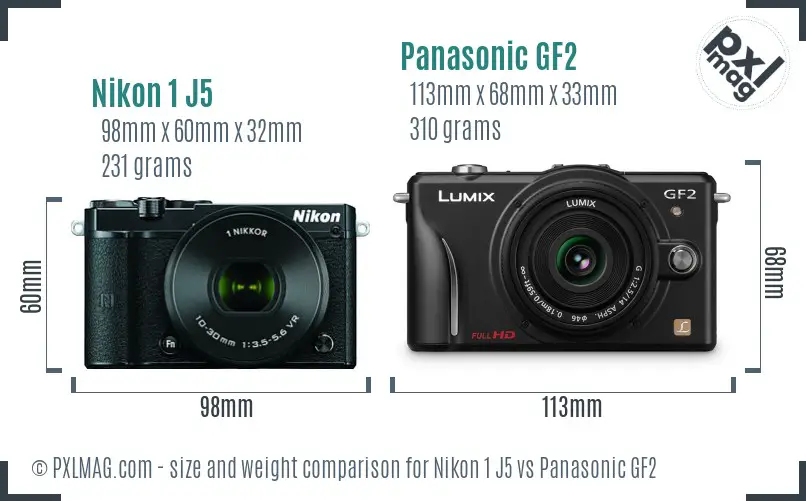 Nikon 1 J5 vs Panasonic GF2 size comparison