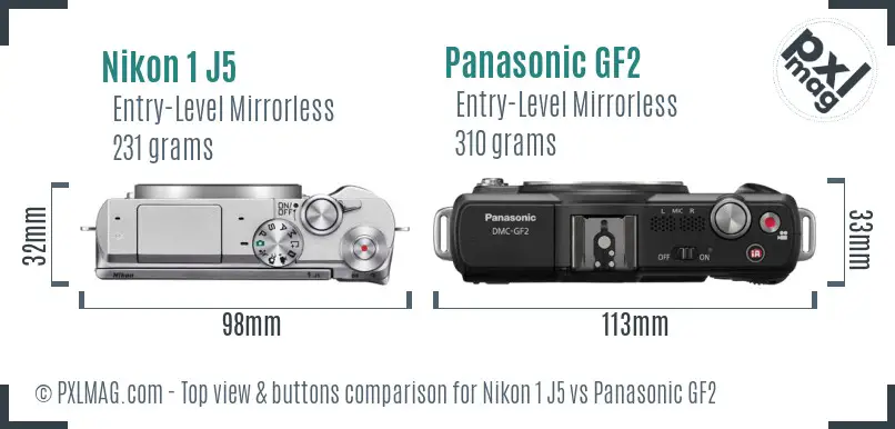 Nikon 1 J5 vs Panasonic GF2 top view buttons comparison