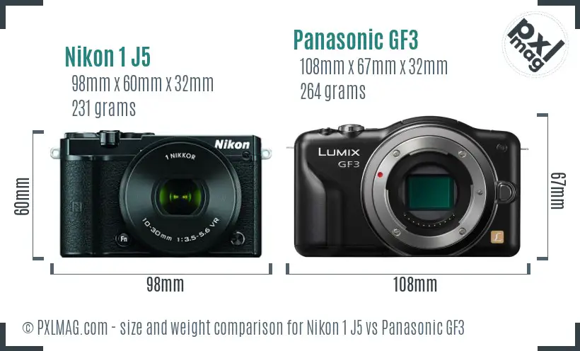 Nikon 1 J5 vs Panasonic GF3 size comparison