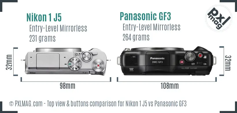 Nikon 1 J5 vs Panasonic GF3 top view buttons comparison