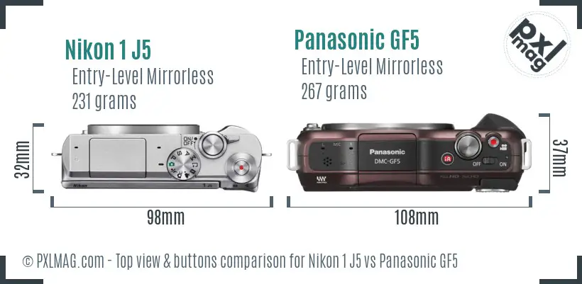 Nikon 1 J5 vs Panasonic GF5 top view buttons comparison