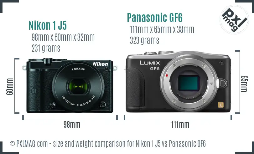 Nikon 1 J5 vs Panasonic GF6 size comparison