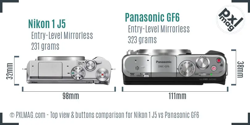 Nikon 1 J5 vs Panasonic GF6 top view buttons comparison