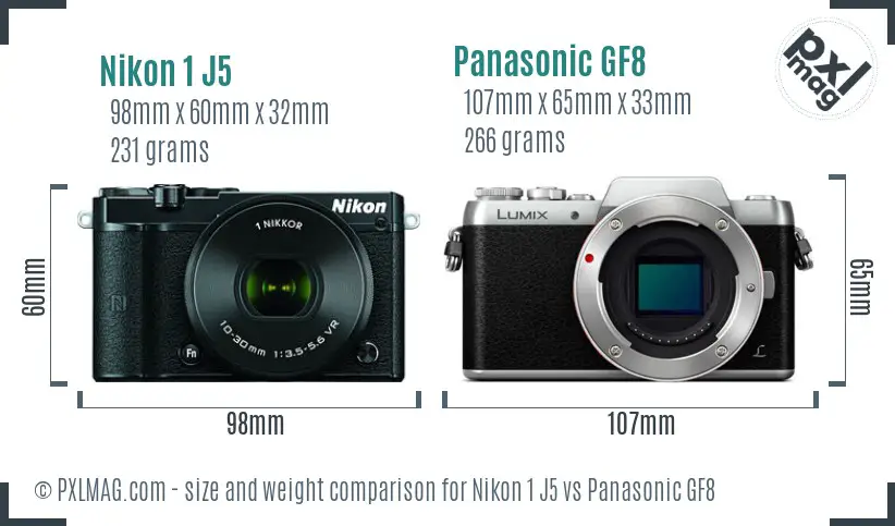Nikon 1 J5 vs Panasonic GF8 size comparison