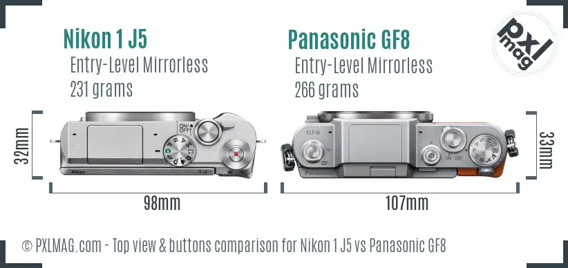 Nikon 1 J5 vs Panasonic GF8 top view buttons comparison