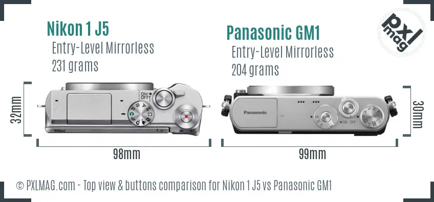 Nikon 1 J5 vs Panasonic GM1 top view buttons comparison