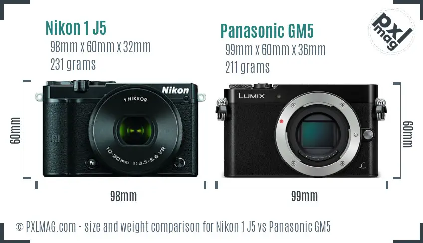Nikon 1 J5 vs Panasonic GM5 size comparison