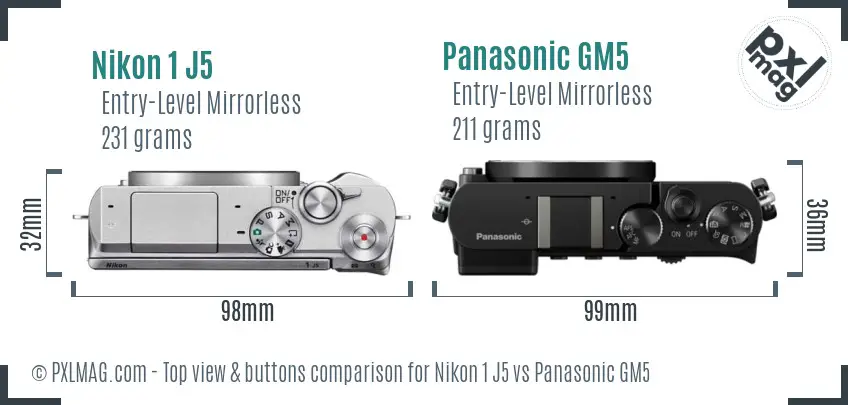 Nikon 1 J5 vs Panasonic GM5 top view buttons comparison