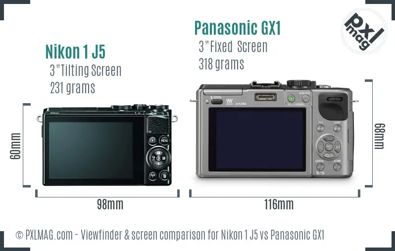 Nikon 1 J5 vs Panasonic GX1 Screen and Viewfinder comparison
