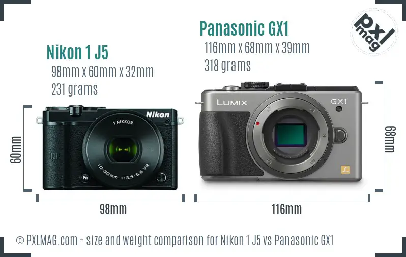 Nikon 1 J5 vs Panasonic GX1 size comparison
