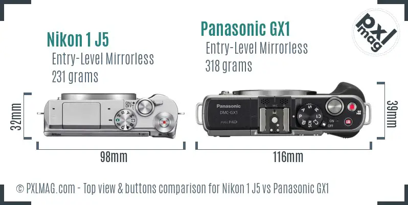 Nikon 1 J5 vs Panasonic GX1 top view buttons comparison