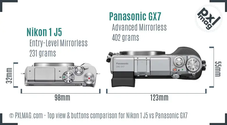 Nikon 1 J5 vs Panasonic GX7 top view buttons comparison Nikon 1 J5 vs Panasonic GX7 top view buttons comparison