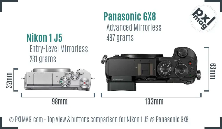 Nikon 1 J5 vs Panasonic GX8 top view buttons comparison