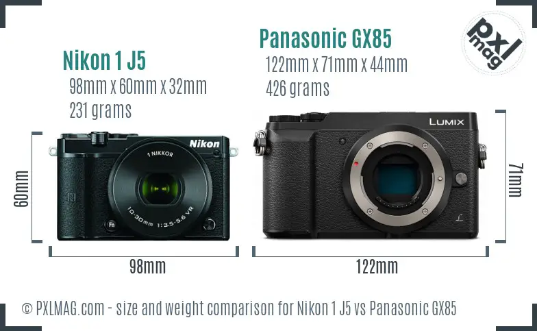Nikon 1 J5 vs Panasonic GX85 size comparison